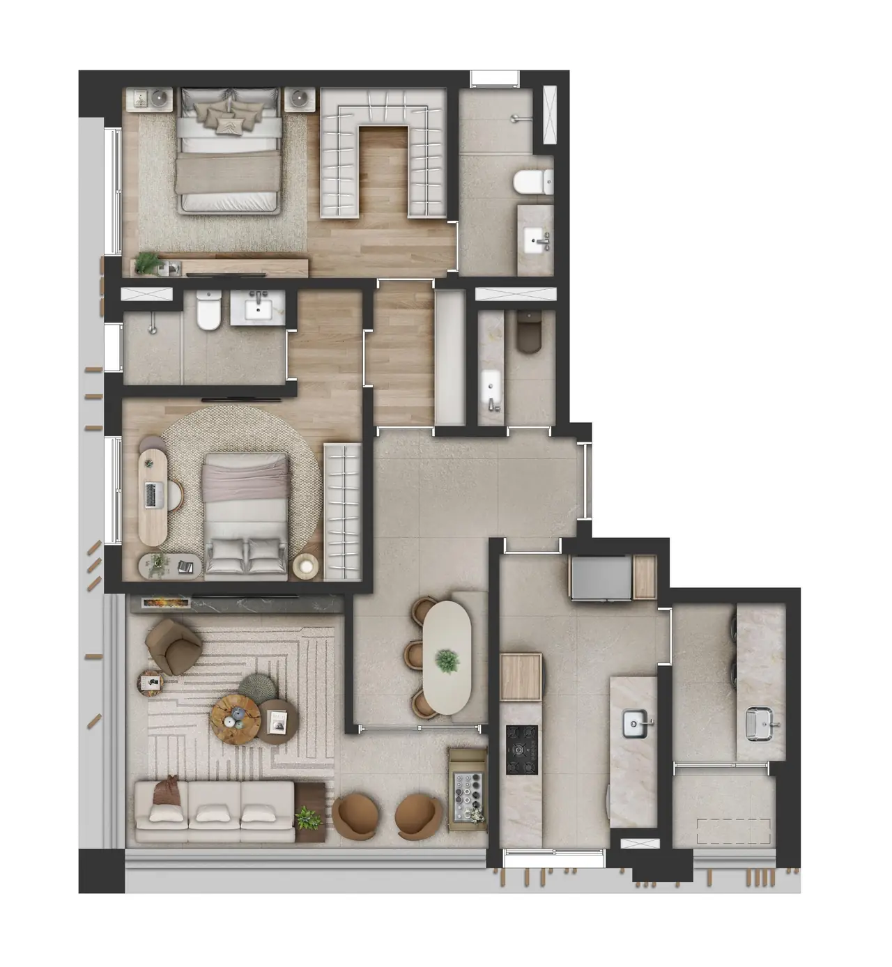 Planta ilustrativa de 103,85 m² do Ybirá Jurupis · Planta tipo