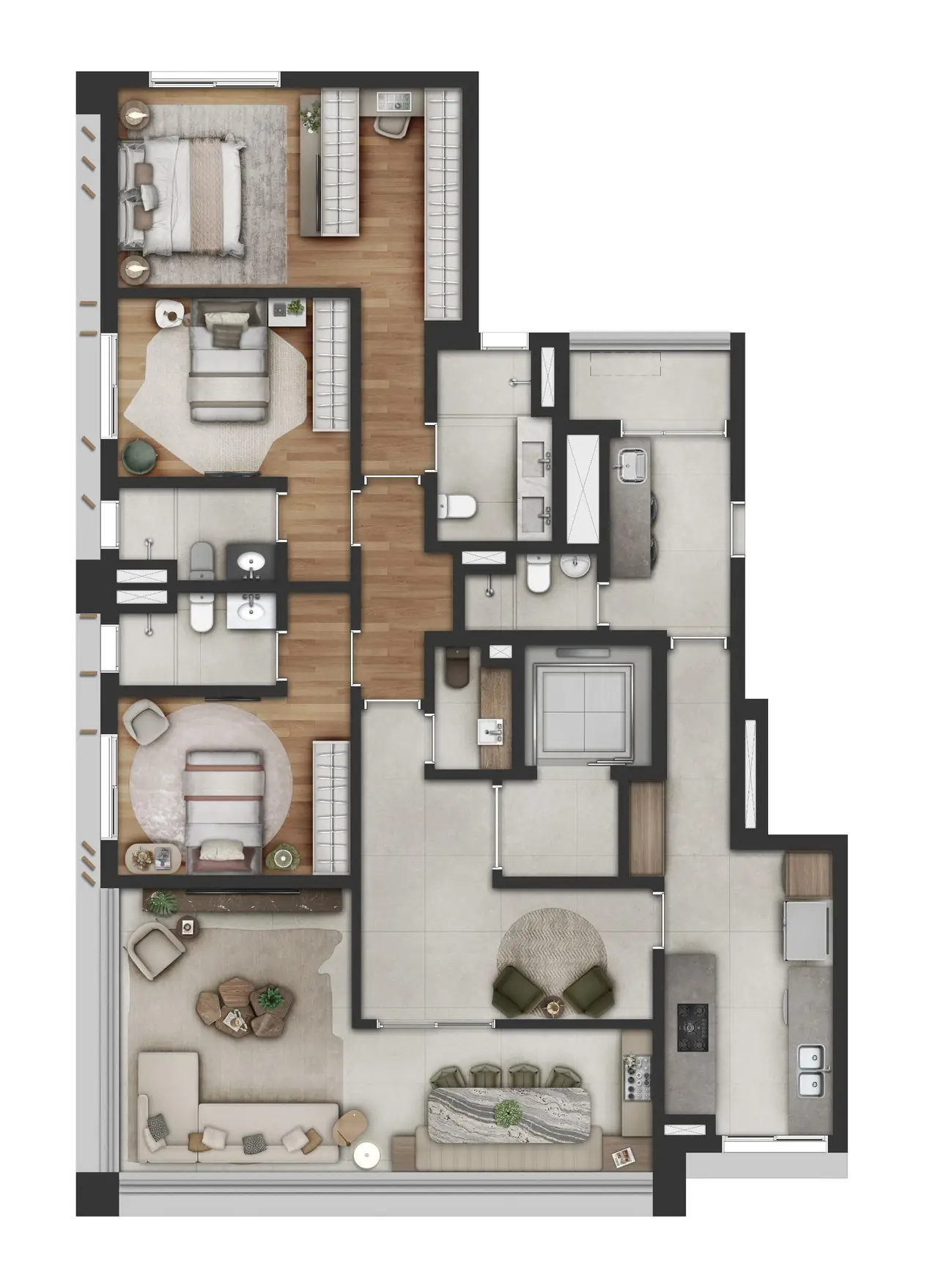 Planta ilustrativa de 166,70 m² do Ybirá Jurupis · Torre A